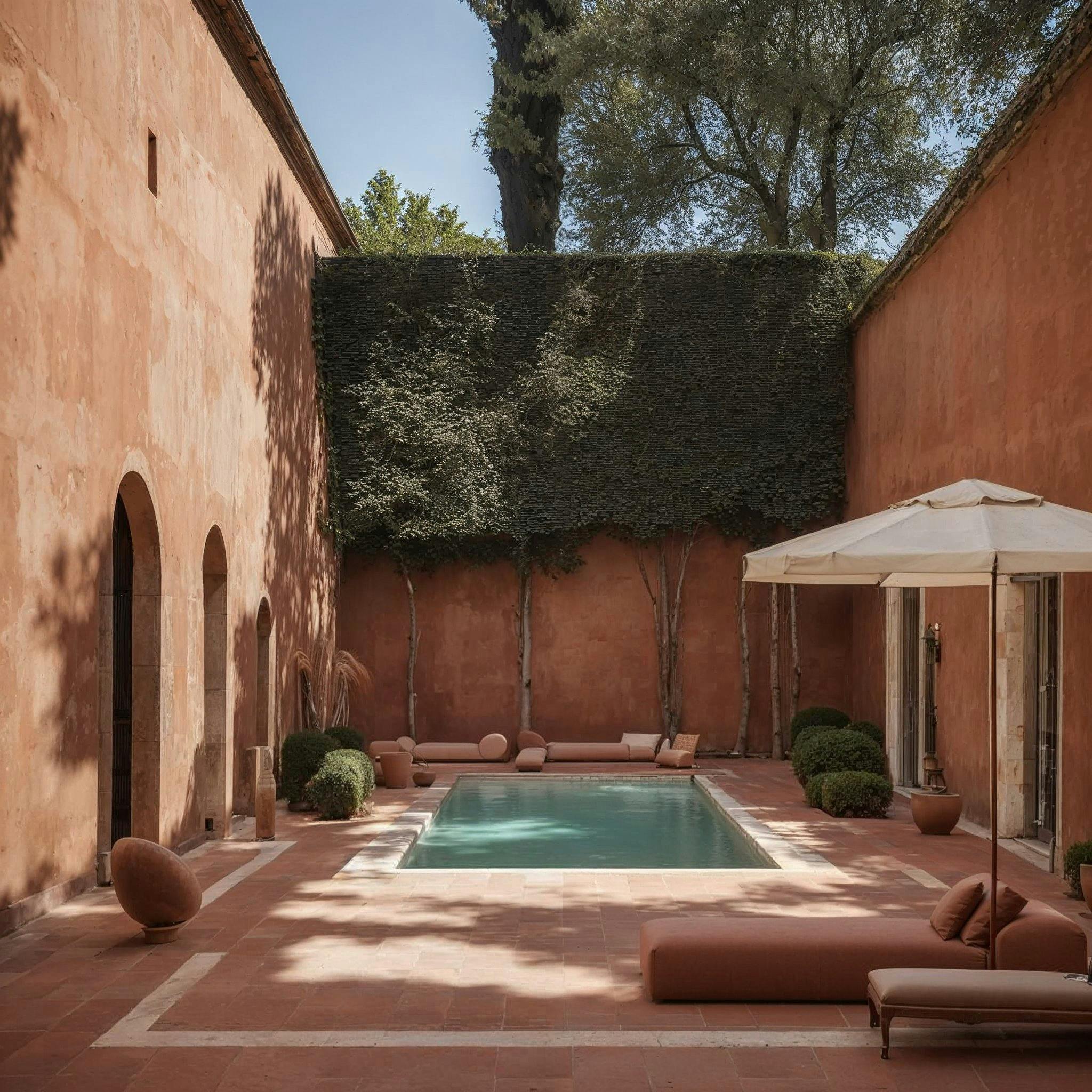 What if we imagined a Scene with an angular interior pool, reflecting an eclectic mix of terracotta and postmodern elegance?
