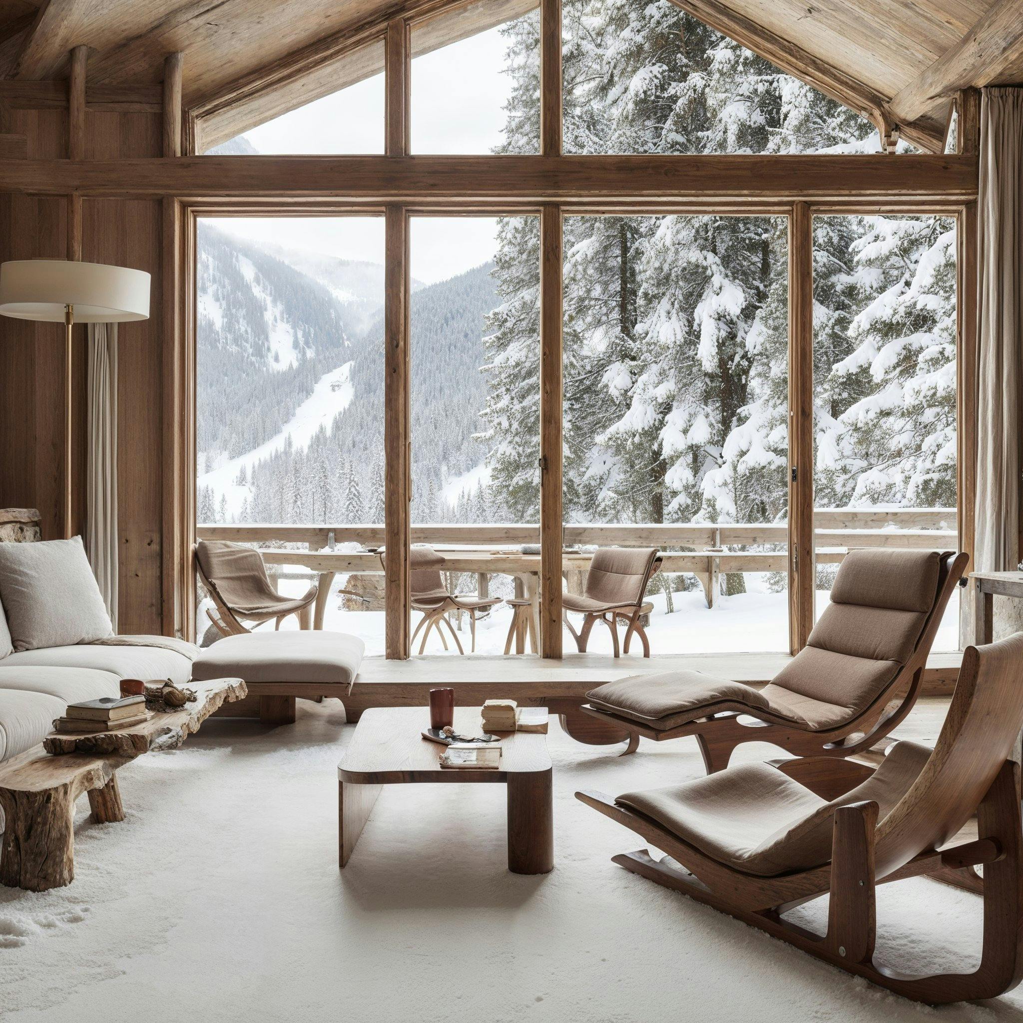 What if we imagine a Scene with a mountain lodge where the design embraces the raw beauty of its alpine setting?