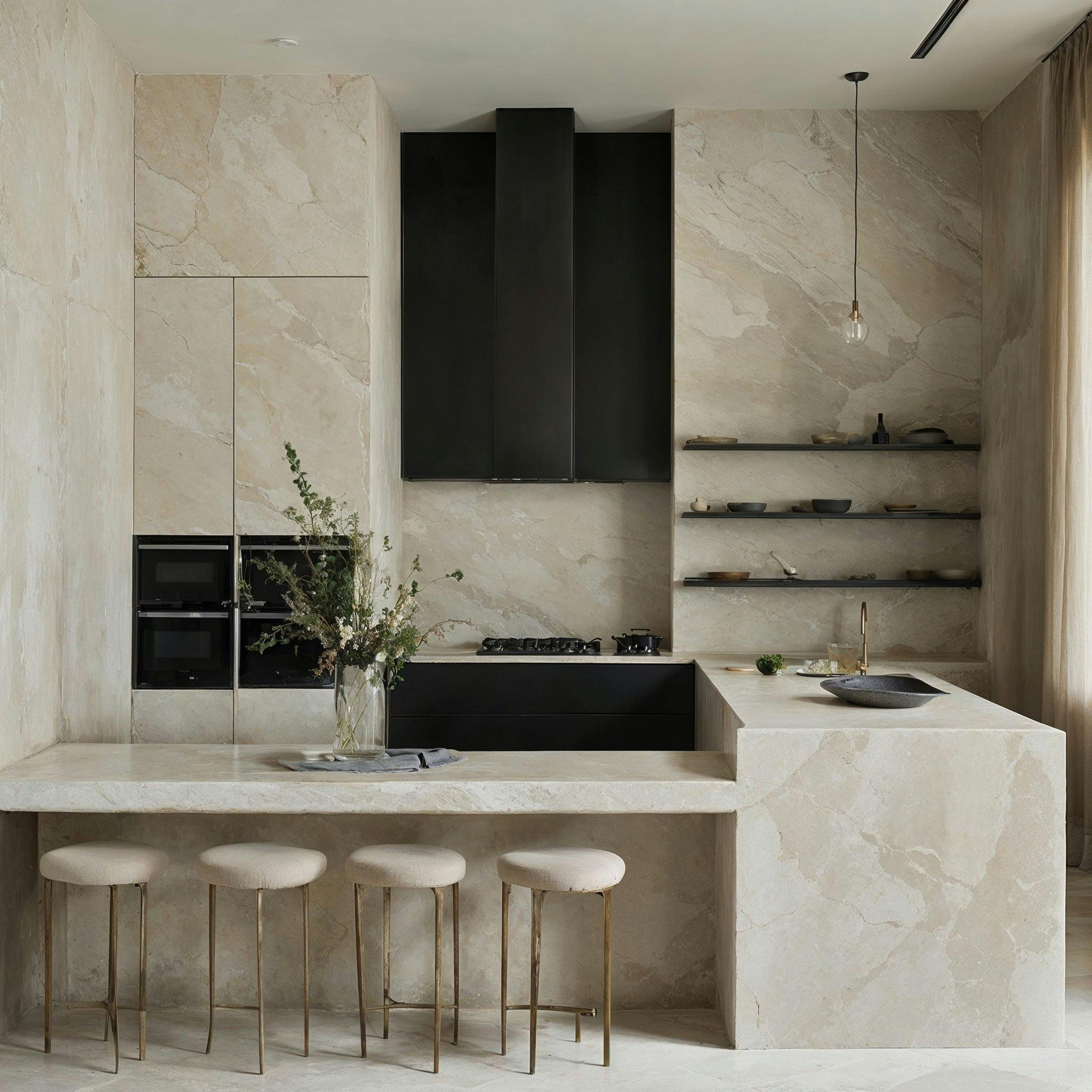 What if we imagine a Scene with a monolithic travertine Kitchen where the use of natural stone is a structural feature?