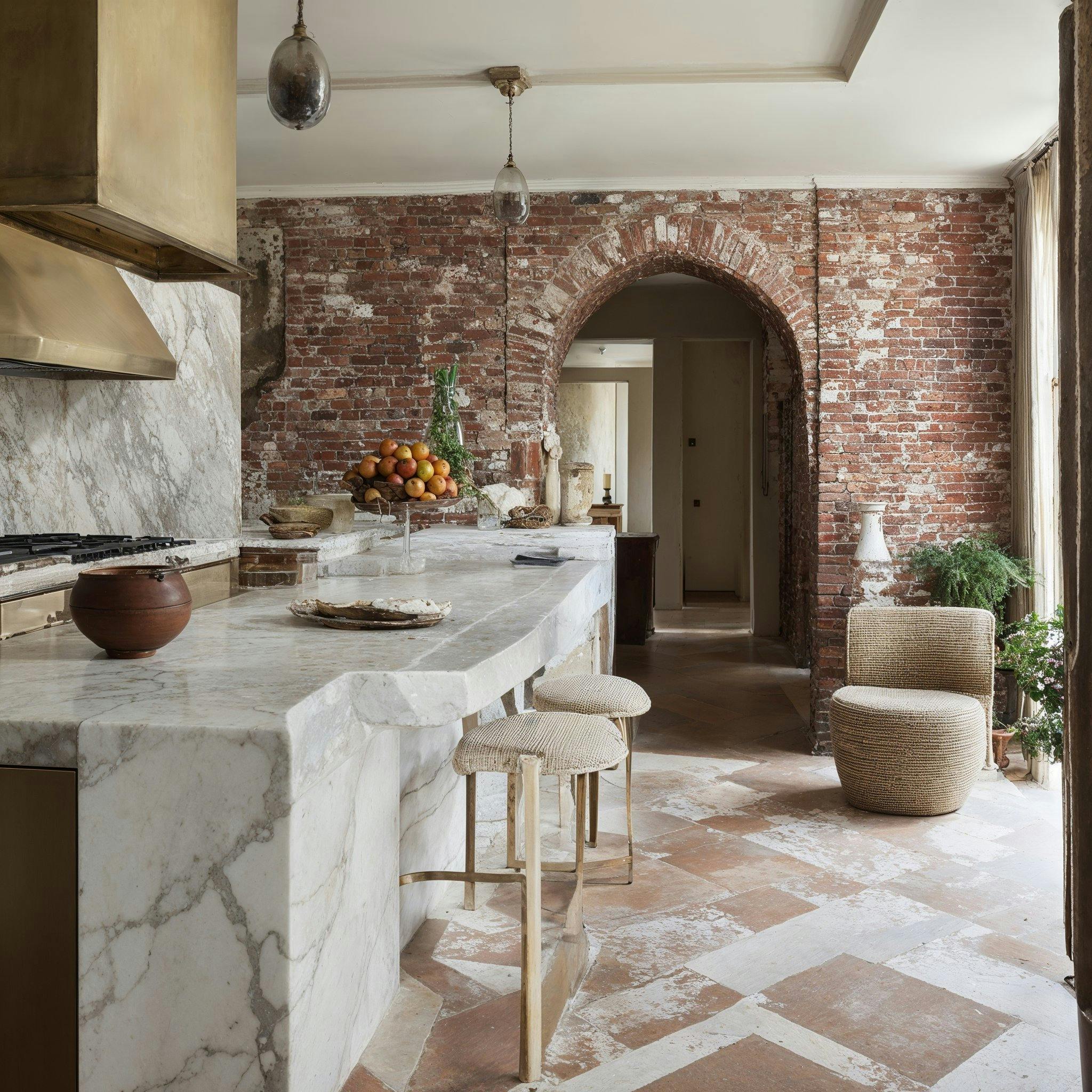 What if we imagine a scene with a kitchen where the rustic charm of exposed brickwork mingles with the opulence of marble?